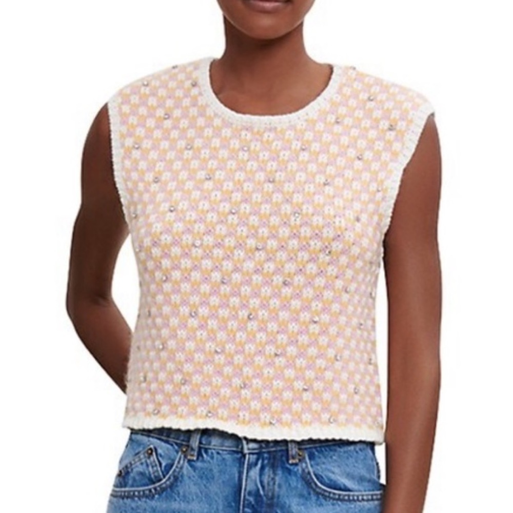 Maje Cream and Pale Yellow Knit Sleeveless Sweater Top